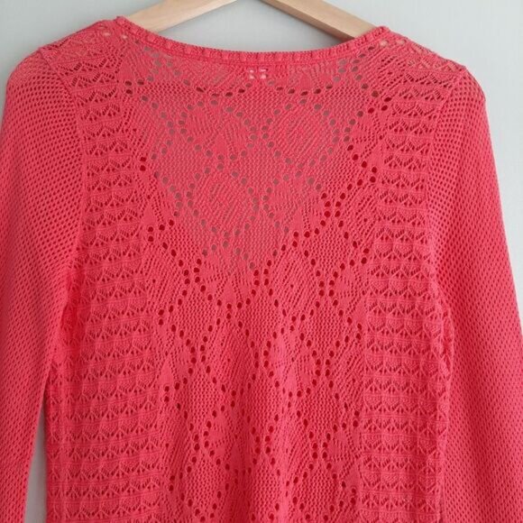 LILLY PULITZER / Pom-Pom Trim V-Neck Knit / Crochet Tunic Top Bright Pink Sz M - Picture 12 of 16